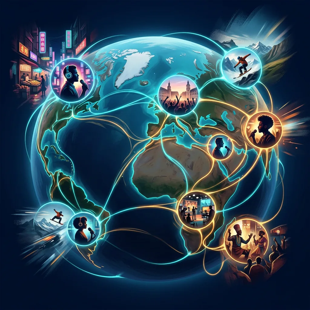 Editorial illustration of recurring immersive creators connected across the world.