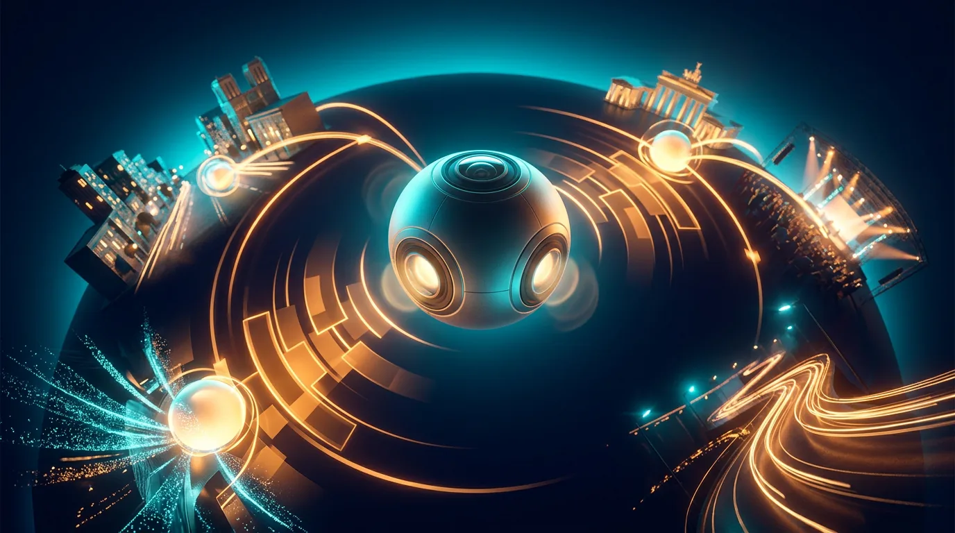 Editorial illustration of immersive 360 livestream worlds across travel, venues, and live events.