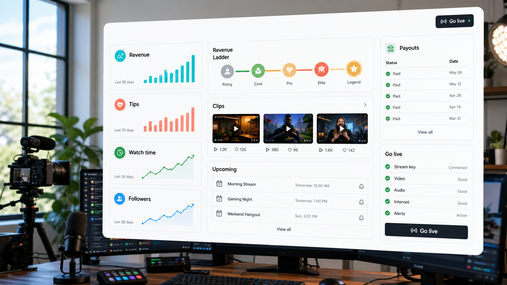 Creator revenue dashboard visual showing fan support and growth momentum.