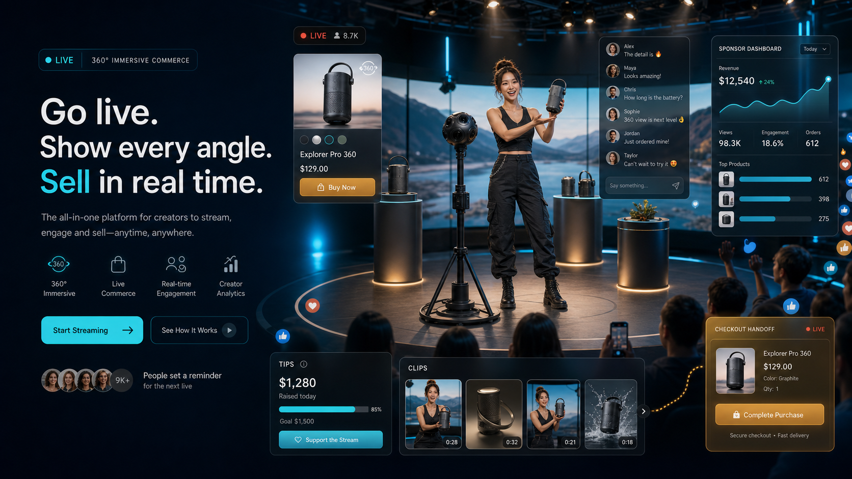 360live.stream live commerce launch with creator demo, chat, replay clips and checkout card