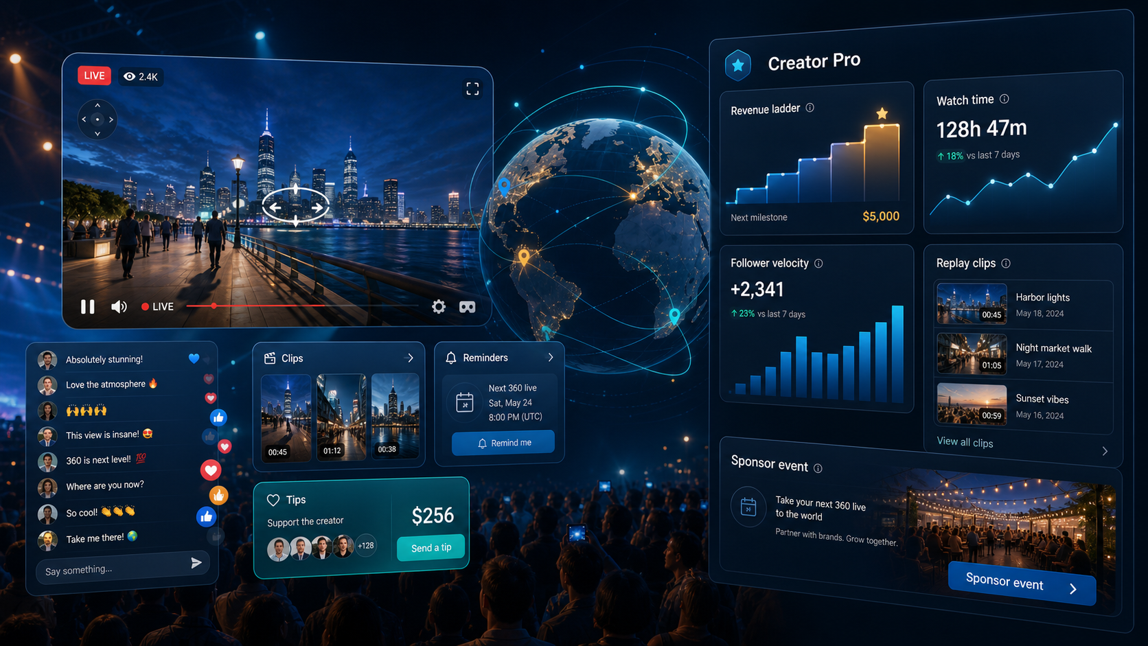 360live.stream live player, clips, reminders, tips and creator revenue dashboard
