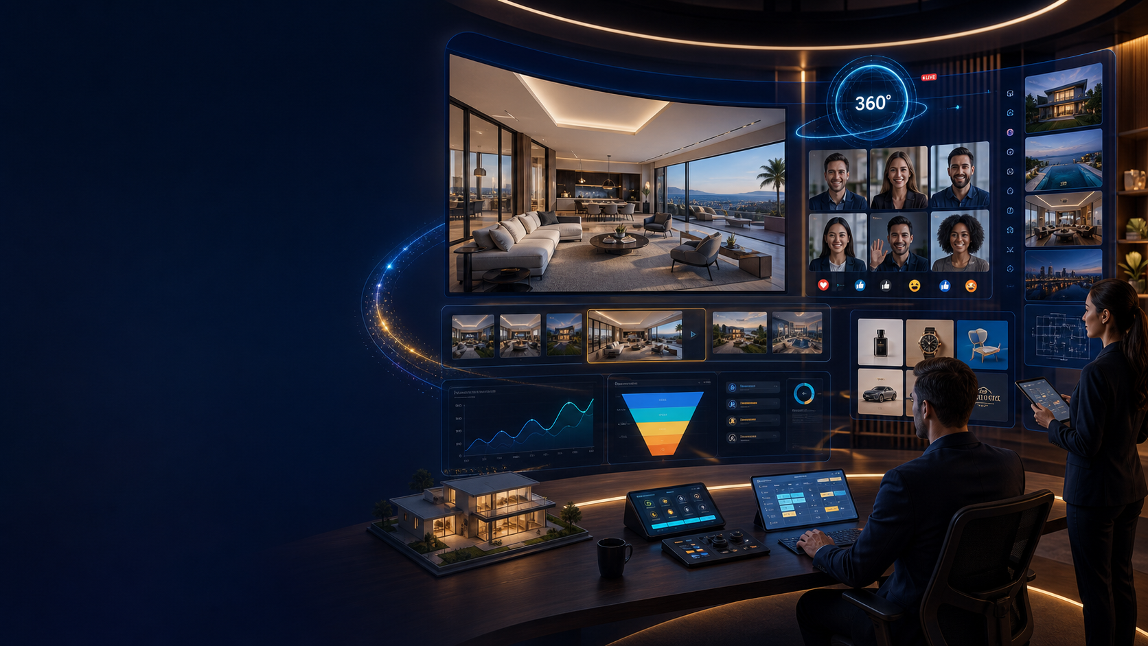 Virtual tour agency dashboard with live 360 event, replay clips, booking and revenue funnel